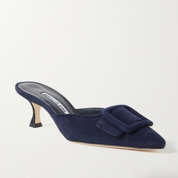 Manolo Blahnik Maysale 50 Navy Blue Suede Kitten Heel Mules - Picture 13 of 13